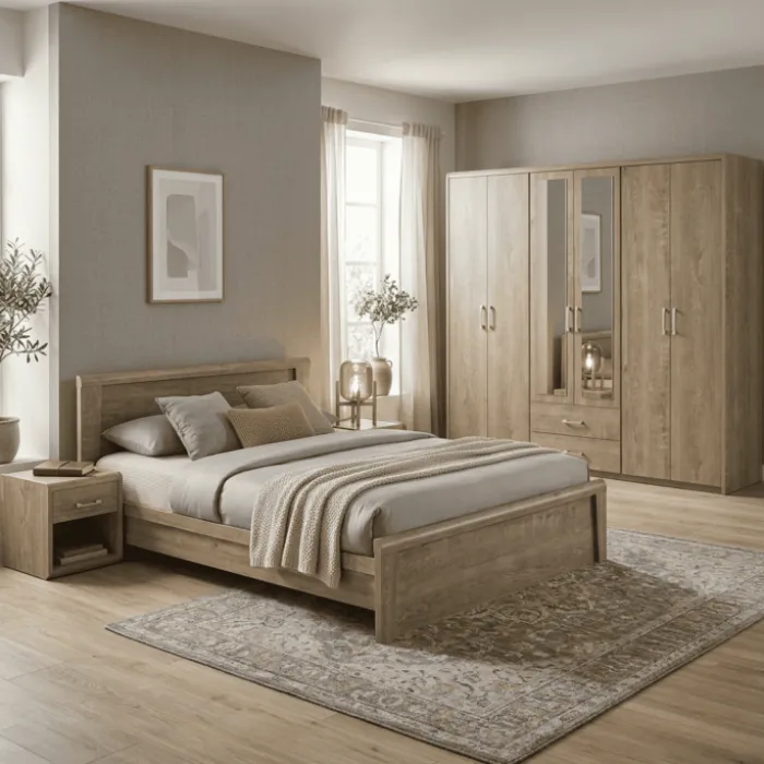 Chambre à coucher Cara ( Armoire 6 portes+ lit 160 x 200 cm + 2 chevets )