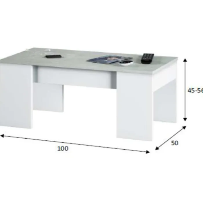 Table basse à plateau relevable ciment et blanc