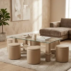 Table de salon + 6 pouf Nora beige