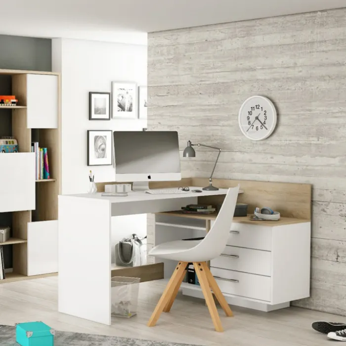Thales - Bureau d'angle 484881 - Chêne brossé et blanc mat